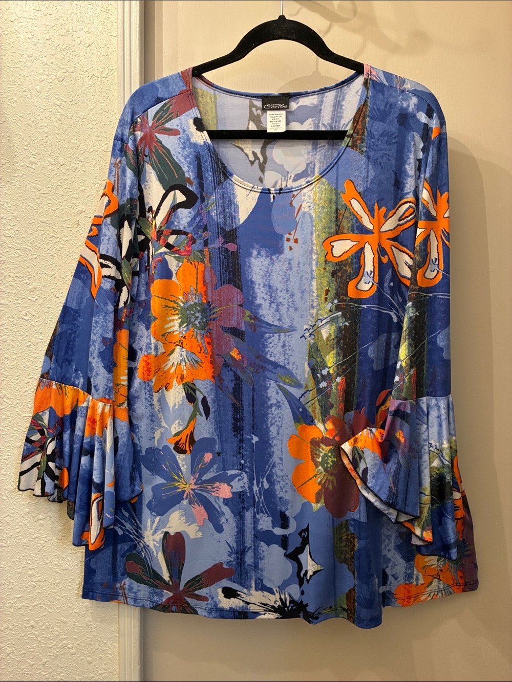 Catherines Blue & Orange Floral Bell-Sleeve Tunic Top
